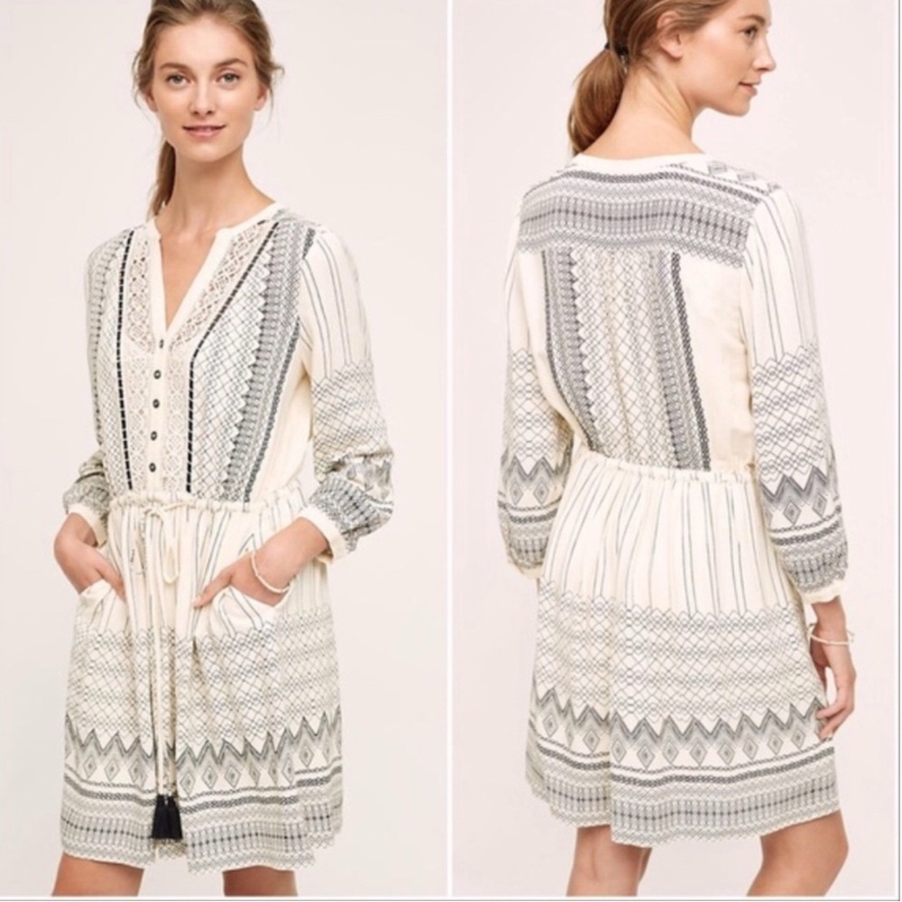 ANTHROPOLOGIE Floreat Perrier Boho Festival Ivory Dress Size 12